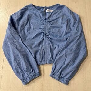 Zara Girls Denim Blue Cropped Tie Front Long Puff Sleeve Top Size 11/12
